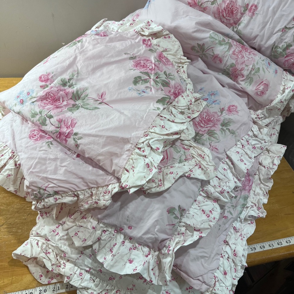 Simply Shabby Chic Pink Floral Ruffle Comforter Set Full Queen 2 Shams Vtg Style
